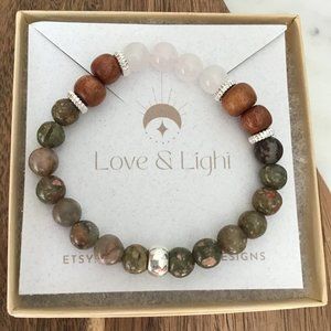 Handmade Stretch‎ Rose Quartz, Wood, and Jasper Beaded Bracelet